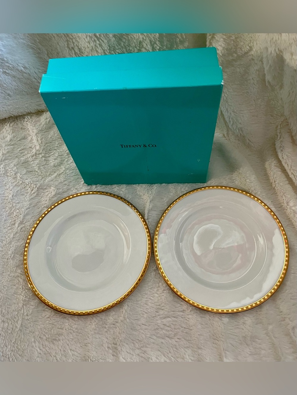 Tiffany & Co. White Porcelain Dinner Plates with Gold Beaded Edge